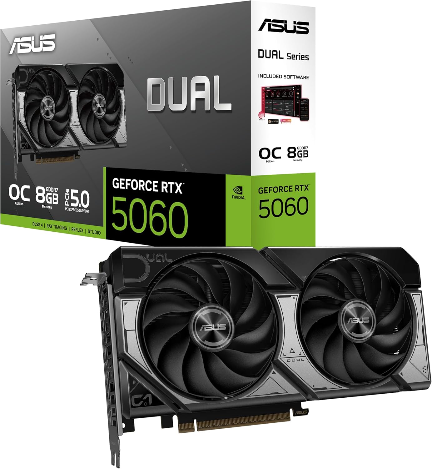 ASUS Dual GeForce RTX™ 5060 8GB GDDR7 OC Edition (PCIe 5.0, 8GB GDDR7, DLSS 4, HDMI 2.1b, DisplayPort 2.1b, diseño de 2.5 ranuras, diseño de ventilador Axial-tech, tecnología 0dB y más) 